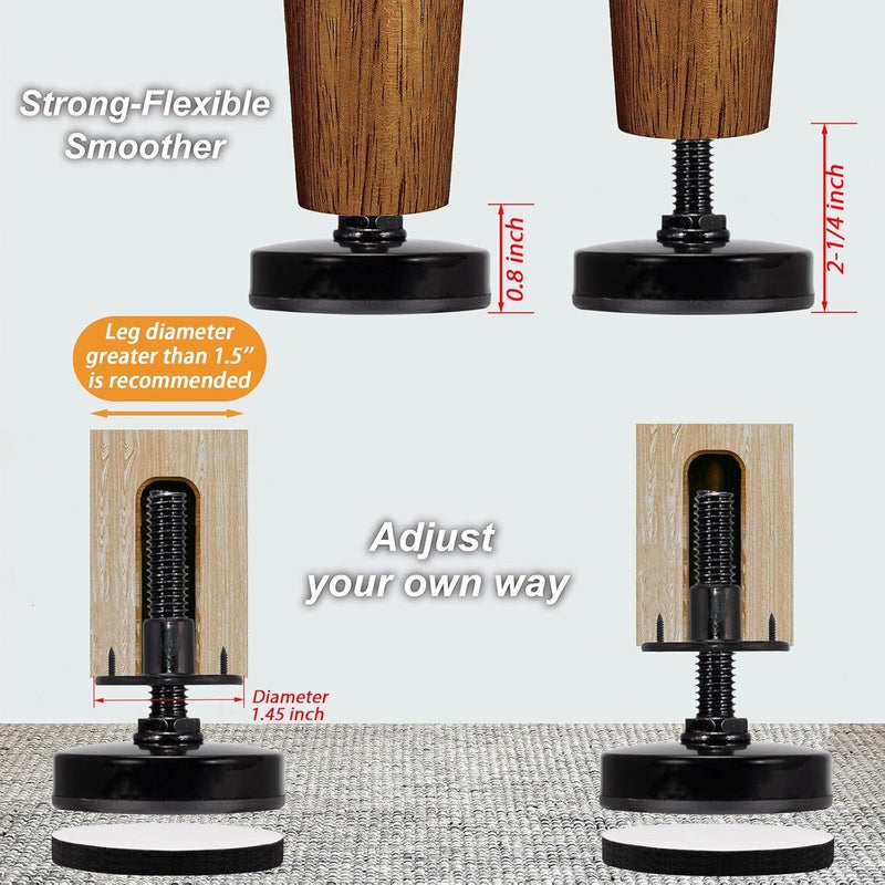 NEWBYTEK 3/8-16 Adjustable Leveling Feet Heavy Duty, 2" Base Dia Furniture Levelers for Table Chair Cabinet Sofa (1600LBs, 4 Pack, Black) - Image 3